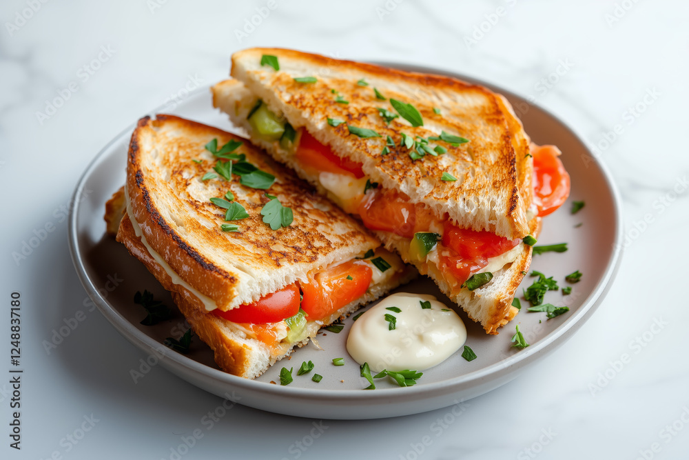 Grilled Salmon Avocado Sandwich On Plate Grilled Salmon Avocado Sandwich On Plate