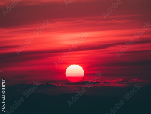 Fiery sunset over mountains, red sky, cloudscape, nature backdrop photo