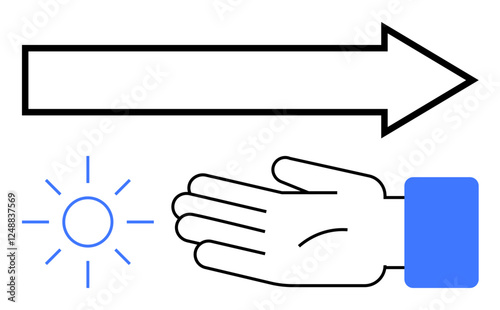 Arrow pointing right, hand gesturing forward, sun symbol radiating light. Ideal for guidance, direction, optimism, progress, navigation positivity future endeavors. Line metaphor photo