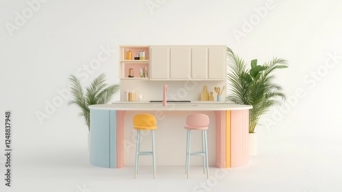 Modern pastel kitchen island with plants photo