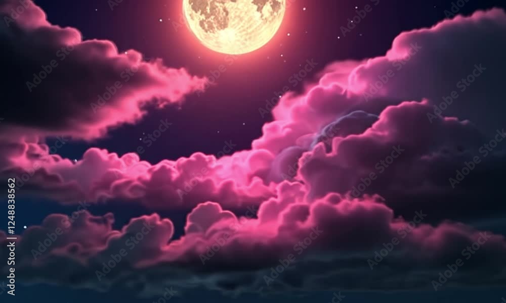 A full moon illuminating with clouds in night sky with pink vibe, significantly a perfect view of night, generated with ai