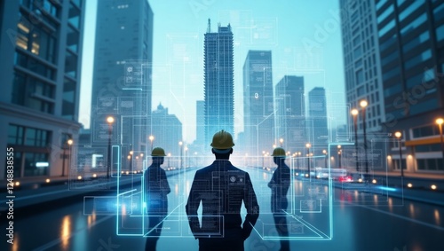 Engineers collaborating on a holographic building project, showcasing innovation in construction technology
