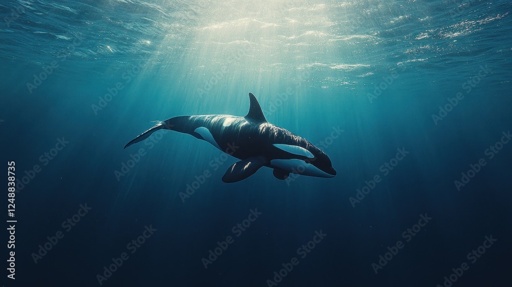 Obraz premium Orca swimming underwater, sun rays.