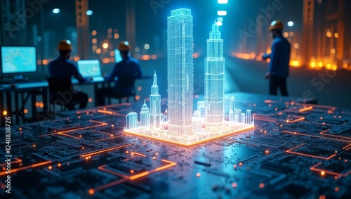 Engineers collaborating on a holographic building project, showcasing innovation in construction technology