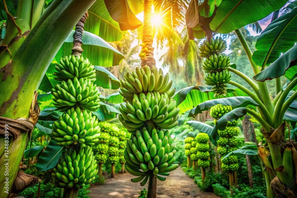 Dreamy green bananas dominate a surreal garden, unripe fruit in fantastical photography. Dreamy green bananas dominate a surreal garden, unripe fruit in fantastical photography.