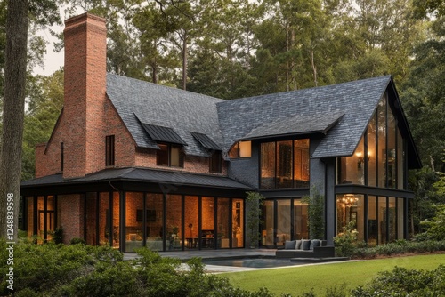 Wallpaper Mural Modern brick home, dusk, wooded lot, pool, real estate Torontodigital.ca