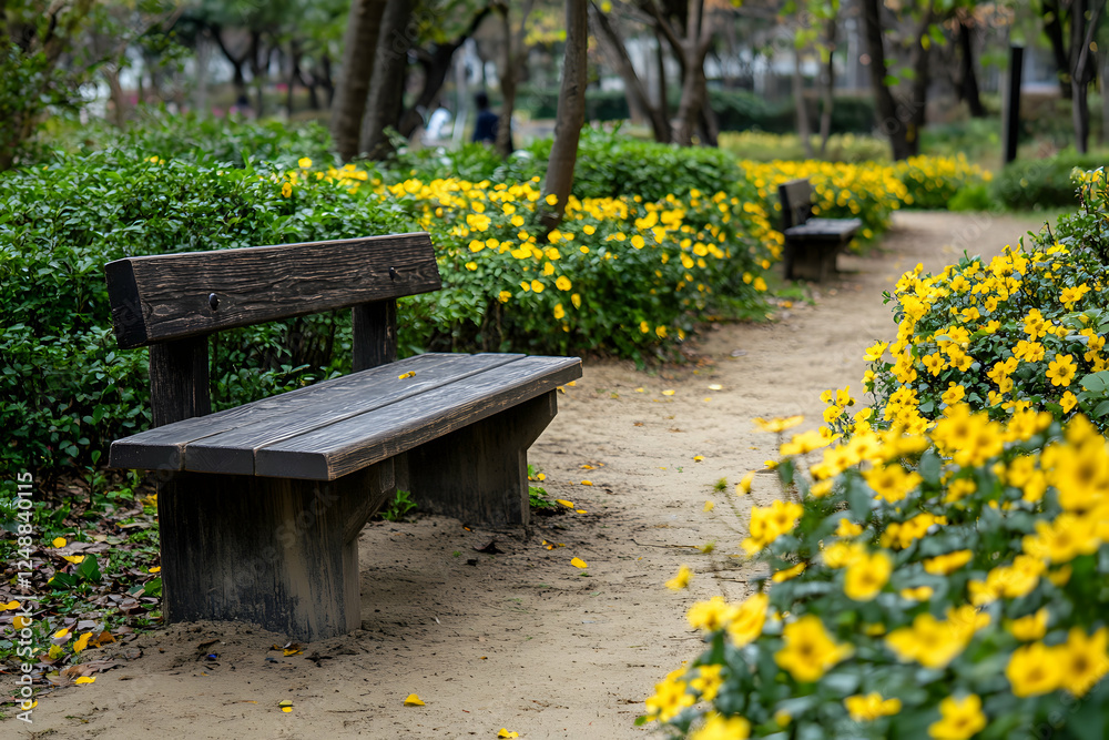 Serene Park Bench Surrounded by Vibrant Yellow Flowers, Offering a Peaceful Respite Amidst Nature's Colorful Embrace during Autumn Season Serene Park Bench Surrounded by Vibrant Yellow Flowers, Offering a Peaceful Respite Amidst Nature's Colorful Embrace during Autumn Season