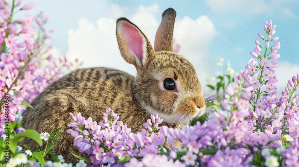 Fototapeta premium Charming Bunny Resting On Lavender Floral Bed