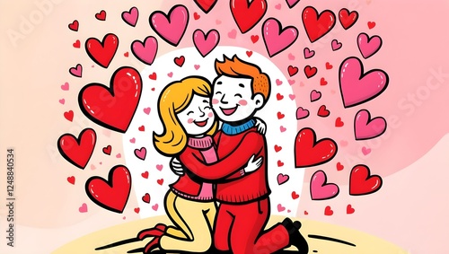 Couple Embracing Amidst a Heart Shower on a Peach Watercolor Background Symbolizing Love and Happiness