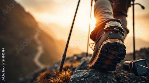 Hiker Climbing a Steep Mountain Trail – Close-up of Worn Leather Boot on Rugged Terrain photo