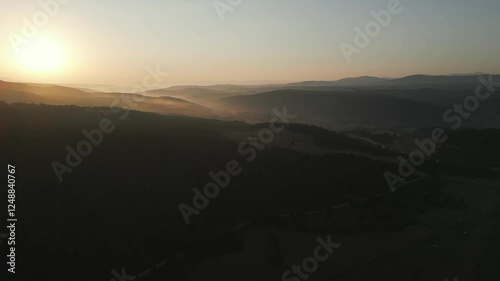 Aerial panoramic view of beautiful sunrise on countryside in Turkey