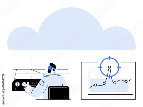 Pilot interacts with cockpit instruments, navigation chart featuring analytics and focus point. Ideal for technology, aviation, cloud systems, data tracking, analytics, navigation, abstract line flat