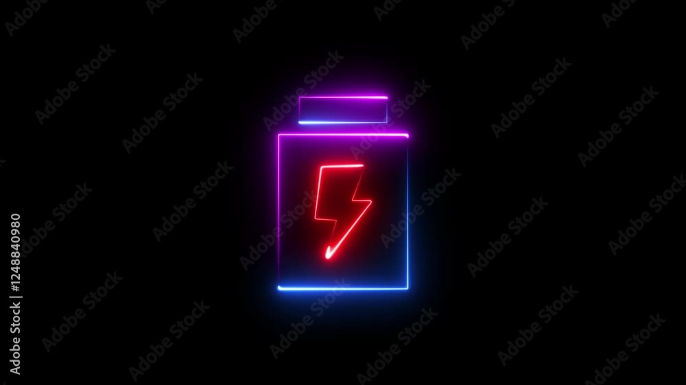 Animation of glowing neon battery charging icon isolated , Flash light icon , neon sign . Animation of glowing neon battery charging icon isolated , Flash light icon , neon sign .