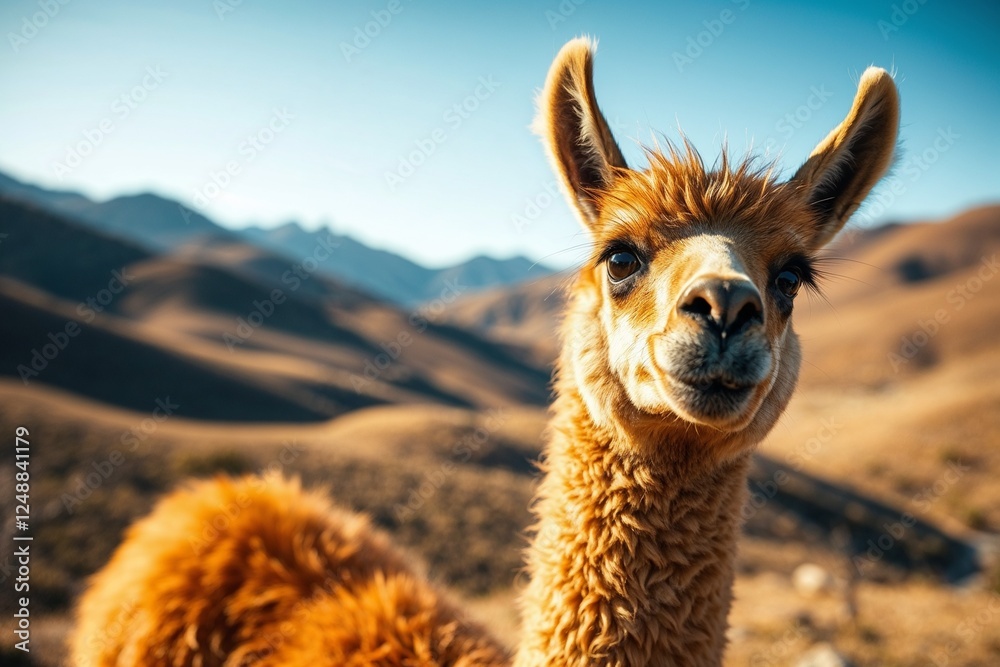 Obraz premium Curious llama standing in dry mountainous terrain