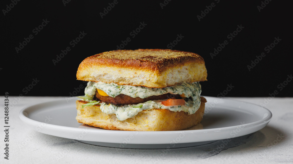 An appetizing hearty sandwich with creamy sauce, tomatoes, pork cutlet and French fries. An appetizing hearty sandwich with creamy sauce, tomatoes, pork cutlet and French fries.