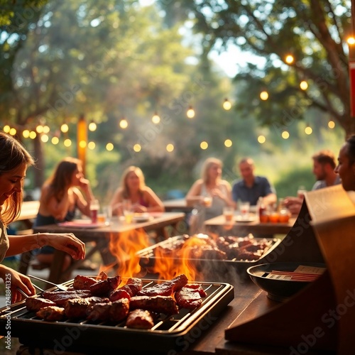 Friends enjoying a backyard barbecue with grilled meats