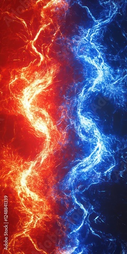 Dynamic plasma arcs in fiery red and electric blue, colliding in an abstract explosion. High-energy concept

