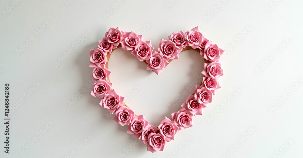 valentine day poster,card,banner with copy space, A heart-shaped wreath made of flowers on a plain white wall. valentine day poster,card,banner with copy space, A heart-shaped wreath made of flowers on a plain white wall.