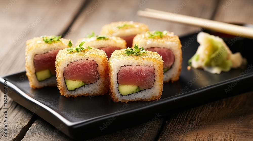 A plate of sushi rolls with meat and fish, a photograph for an advertising campaign, a food shot, looking delicious A plate of sushi rolls with meat and fish, a photograph for an advertising campaign, a food shot, looking delicious