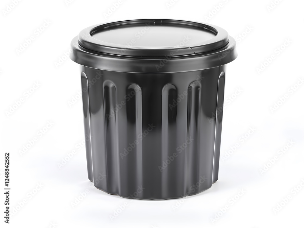 A round black trash bin with lid, practical for waste disposal and modern interiors isolated on white background. Generative AI A round black trash bin with lid, practical for waste disposal and modern interiors isolated on white background. Generative AI