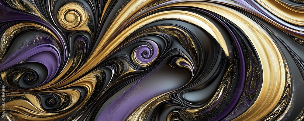 A luxurious design featuring swirling patterns with metallic gold purple and black A luxurious design featuring swirling patterns with metallic gold purple and black