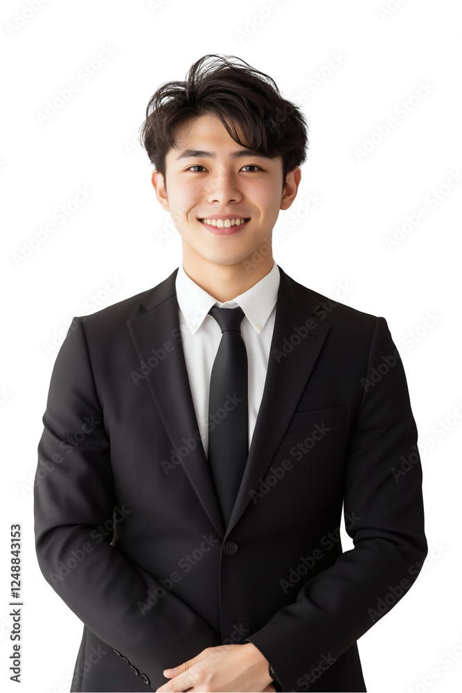Asian Man in Black Suit with Hands Clasped on Transparent Background Asian Man in Black Suit with Hands Clasped on Transparent Background
