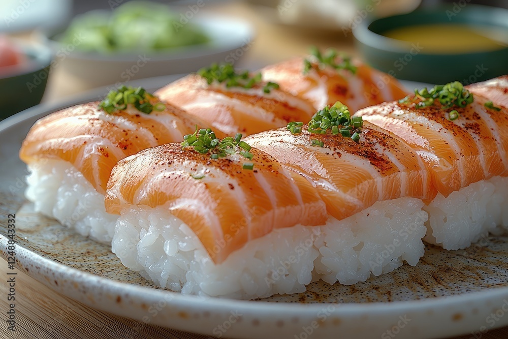 Delicious Salmon Sushi Pieces Arranged On Plate Delicious Salmon Sushi Pieces Arranged On Plate