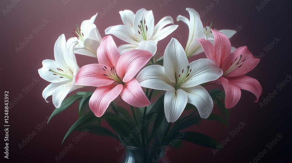 Fototapeta premium Pink and white lilies in glass vase.