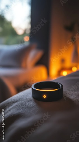 Glowing sleeptracking wristband on minimalist ceramic surface photo