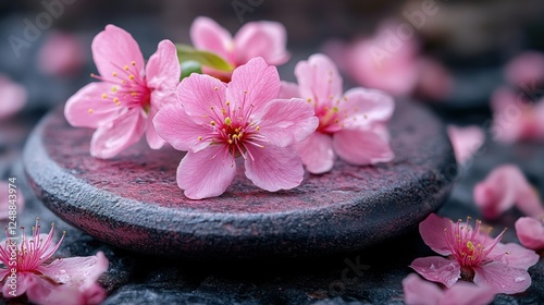 Pink cherry blossoms on dark stone.