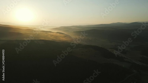 Aerial panoramic view of beautiful sunrise on countryside in Turkey