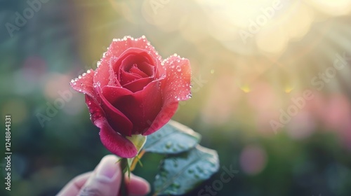 Beautiful Rose With Dewdrops In Soft Sunlight