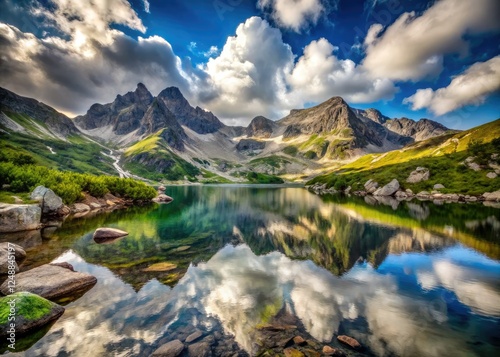 High Tatras minimalism: Skalnate Pleso's serene beauty, LomnickÃ½ Å¡tÃ­t's majestic peak.