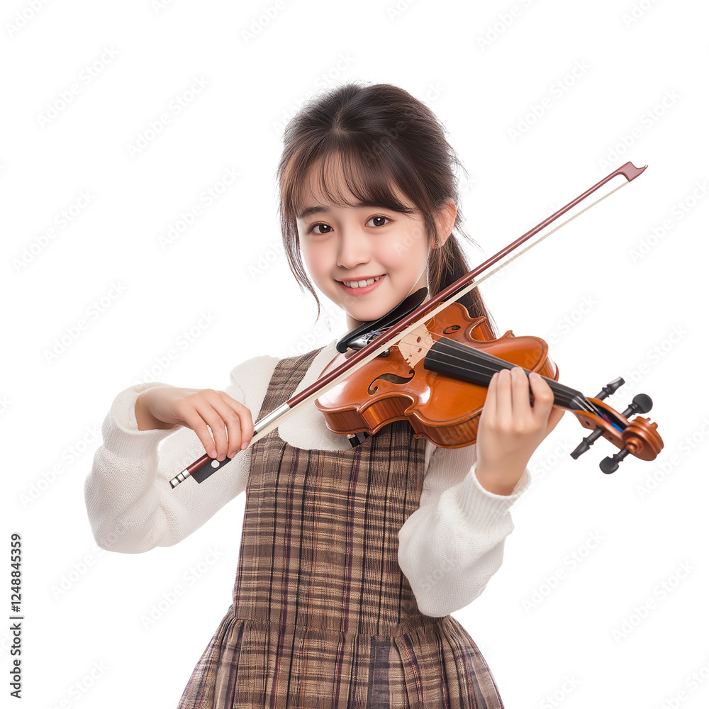 East Asian girl with violin isolated on transparent white background East Asian girl with violin isolated on transparent white background