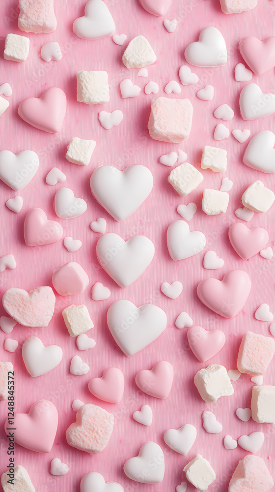 Valentine's Day background with pink and white hearts, marshmallows on the top of it Valentine's Day background with pink and white hearts, marshmallows on the top of it