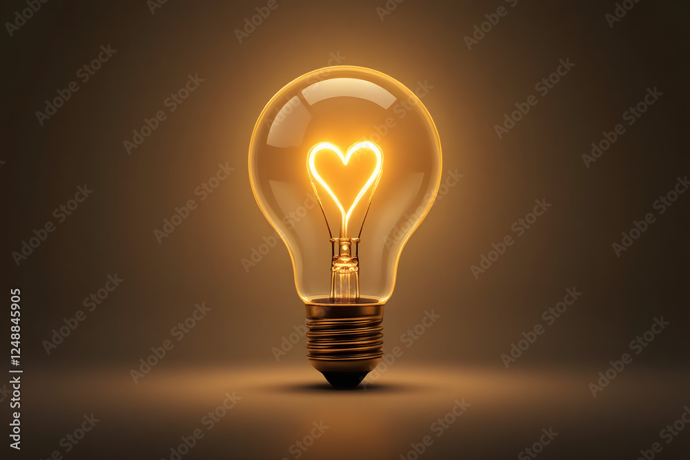 Minimalist vector illustration of a transparent light bulb with a glowing heart-shaped filament in a modern and sleek design with soft ambient lighting Minimalist vector illustration of a transparent light bulb with a glowing heart-shaped filament in a modern and sleek design with soft ambient lighting
