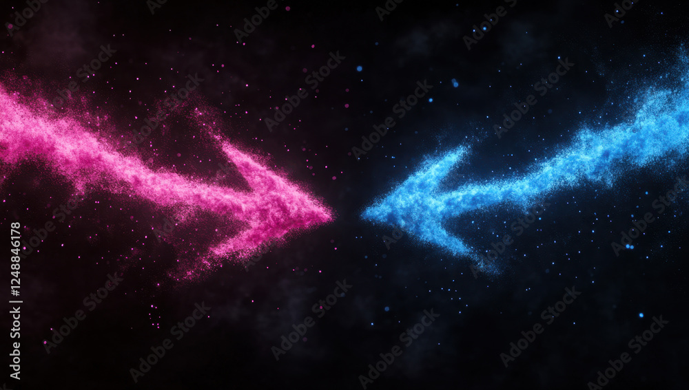 A dynamic powder explosion showcases vibrant pink and blue arrows converging against a black backdrop, creating a captivating visual contrast A dynamic powder explosion showcases vibrant pink and blue arrows converging against a black backdrop, creating a captivating visual contrast
