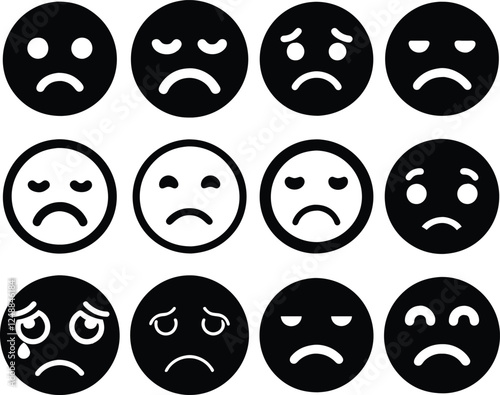 Sad Emoji Vector Set | Depressed, Crying, Heartbroken Faces. Vector illustration.