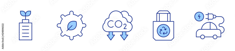 eco battery, tote bag, eco factory, electric car, carbon dioxide. Ecology Icon vector illustration. Line Duotone style. Editable stroke eco battery, tote bag, eco factory, electric car, carbon dioxide. Ecology Icon vector illustration. Line Duotone style. Editable stroke