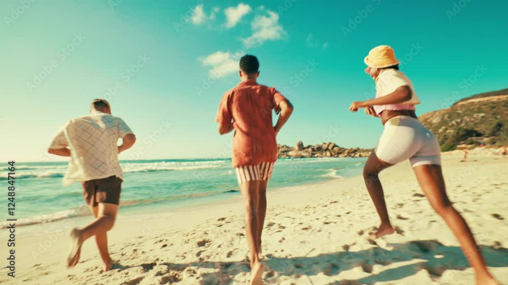 Back, people and running for fun on beach for travel trip, race competition and morning journey. Closeup, friends and play with energy for game challenge on summer vacation, ocean getaway and bonding