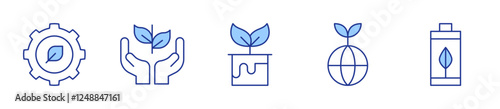 sustainability, sapling, eco battery, gear, dye. Ecology Icon vector illustration. Line Duotone style. Editable stroke