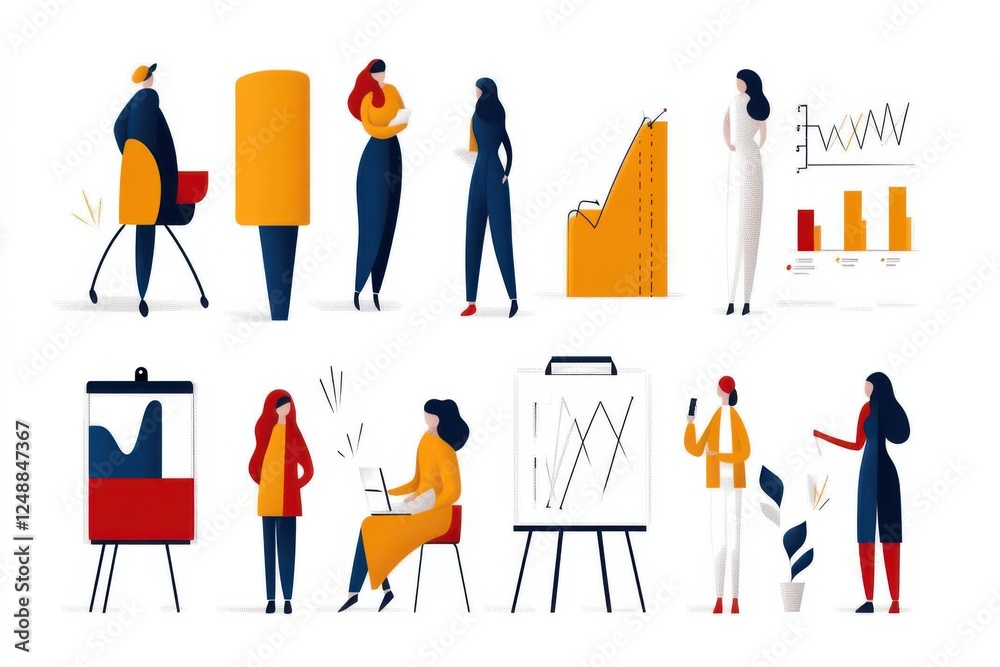 Naklejka premium A flat design concept showcasing diverse teamwork, branding, and economic elements, vividly illustrating collaborative and strategic ideas.