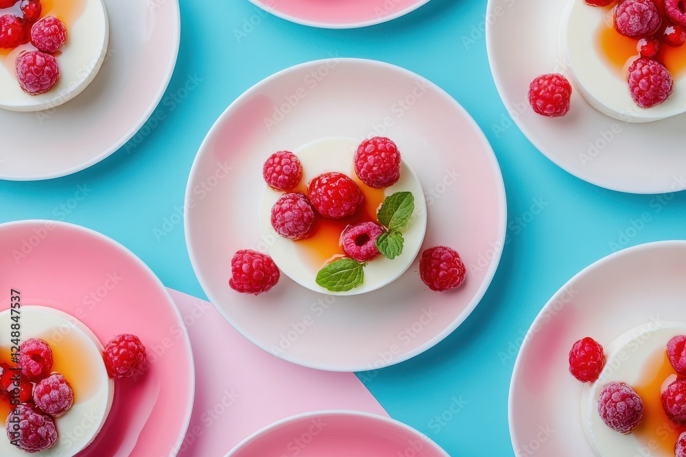 Delicious panna cotta desserts topped with fresh raspberries and a honey drizzle, artfully arranged on pastel plates. Delicious panna cotta desserts topped with fresh raspberries and a honey drizzle, artfully arranged on pastel plates.