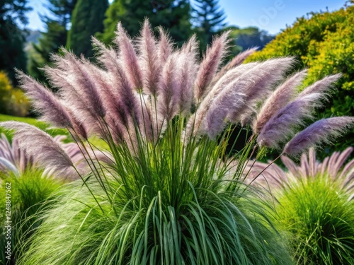 Lush evergreen tussock, 60cm tall.  Dark green leaves, striking silvery-purple blooms.  Product photography. photo