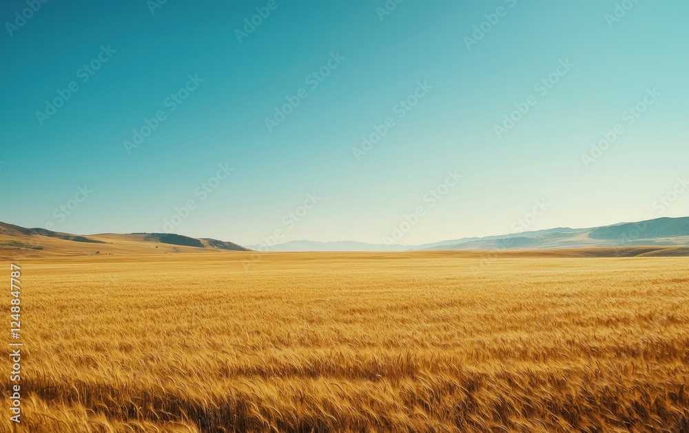 Obraz premium Golden wheat field swaying in the breeze under a clear blue sky, warm and rich cinematic grading
