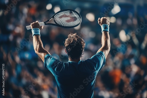 Tennis player celebrating victory in the stadium.