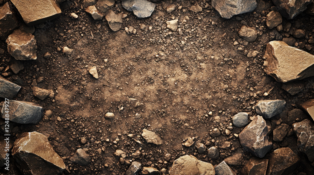 A brown dirt background is outlined by scattered rocks, creating a natural and rugged landscape filled with earthy textures A brown dirt background is outlined by scattered rocks, creating a natural and rugged landscape filled with earthy textures