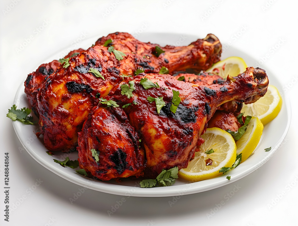 Delicious Tandoori Chicken Presentation, Succulent Grilled Poultry with Tangy Lemon Accents on a Pristine White Plate Delicious Tandoori Chicken Presentation, Succulent Grilled Poultry with Tangy Lemon Accents on a Pristine White Plate