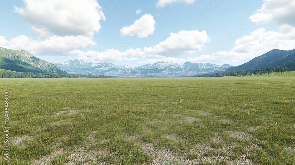 Vast Open Landscape with Lush Green Grass and Stunning Mountains Vast Open Landscape with Lush Green Grass and Stunning Mountains