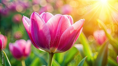 Macro photography captures a vibrant pink tulip in spring, soft bokeh blurring the background, showcasing springtime beauty.